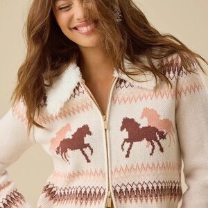 Altar’d State Women's Cream and Brown Horse Pattern Sweater